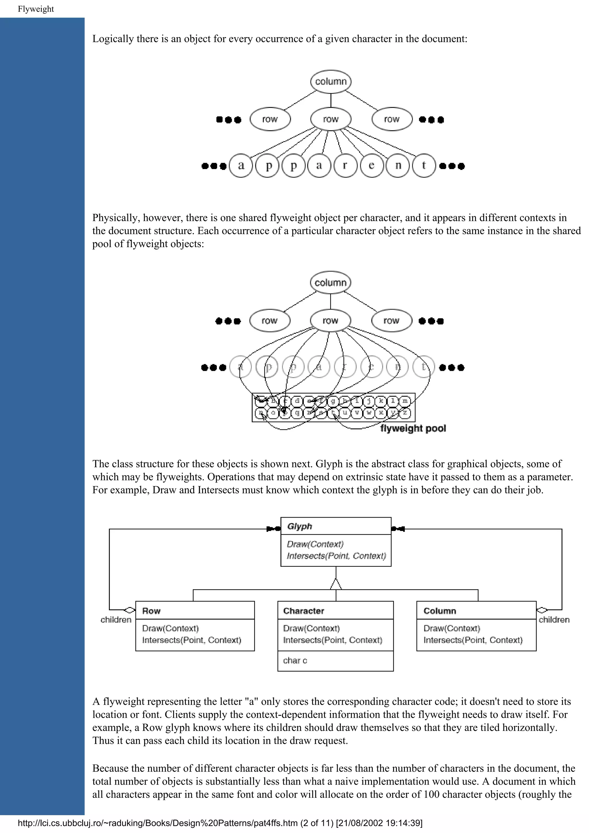 Flyweight Logically there is an object for every occurrence of a given character in the document: Physically, however, there is one shared flyweight object per character, and it appears in different contexts in the document structure. Each occurrence of a particular character object refers to the same instance in the shared pool of flyweight objects: The class structure for these objects is shown next. Glyph is the abstract class for graphical objects, some of which may be flyweights. Operations that may depend on extrinsic state have it passed to them as a parameter. For example, Draw and Intersects must know which context the glyph is in before they can do their job. A flyweight representing the letter "a" only stores the corresponding character code; it doesn't need to store its location or font. Clients supply the context-dependent information that the flyweight needs to draw itself. For example, a Row glyph knows where its children should draw themselves so that they are tiled horizontally. Thus it can pass each child its location in the draw request. Because the number of different character objects is far less than the number of characters in the document, the total number of objects is substantially less than what a naive implementation would use. A document in which all characters appear in the same font and color will allocate on the order of 100 character objects (roughly the http://lci.cs.ubbcluj.ro/~raduking/Books/Design%20Patterns/pat4ffs.htm (2 of 11) [21/08/2002 19:14:39] 