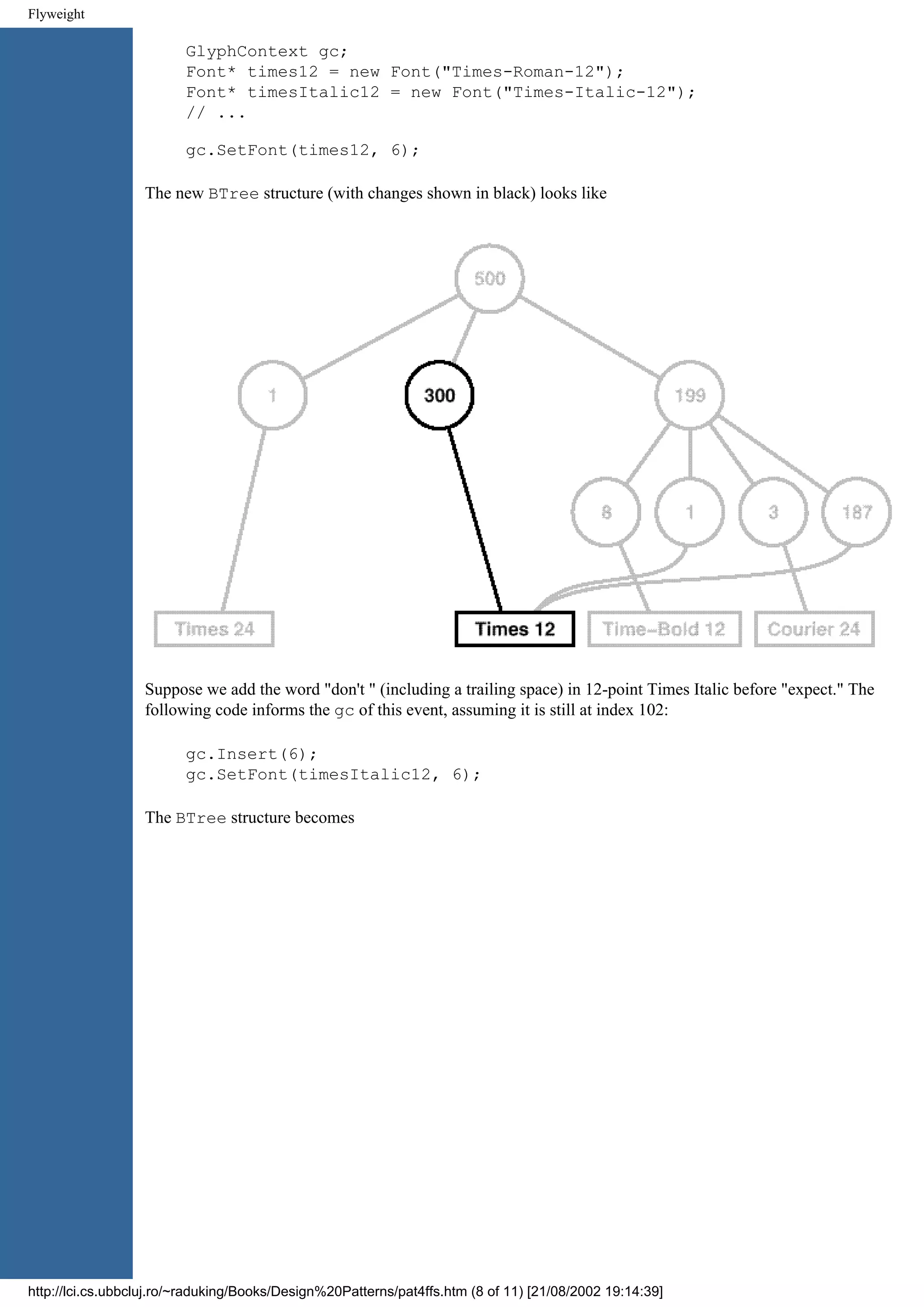 Flyweight GlyphContext gc; Font* times12 = new Font("Times-Roman-12"); Font* timesItalic12 = new Font("Times-Italic-12"); // ... gc.SetFont(times12, 6); The new BTree structure (with changes shown in black) looks like Suppose we add the word "don't " (including a trailing space) in 12-point Times Italic before "expect." The following code informs the gc of this event, assuming it is still at index 102: gc.Insert(6); gc.SetFont(timesItalic12, 6); The BTree structure becomes http://lci.cs.ubbcluj.ro/~raduking/Books/Design%20Patterns/pat4ffs.htm (8 of 11) [21/08/2002 19:14:39] 