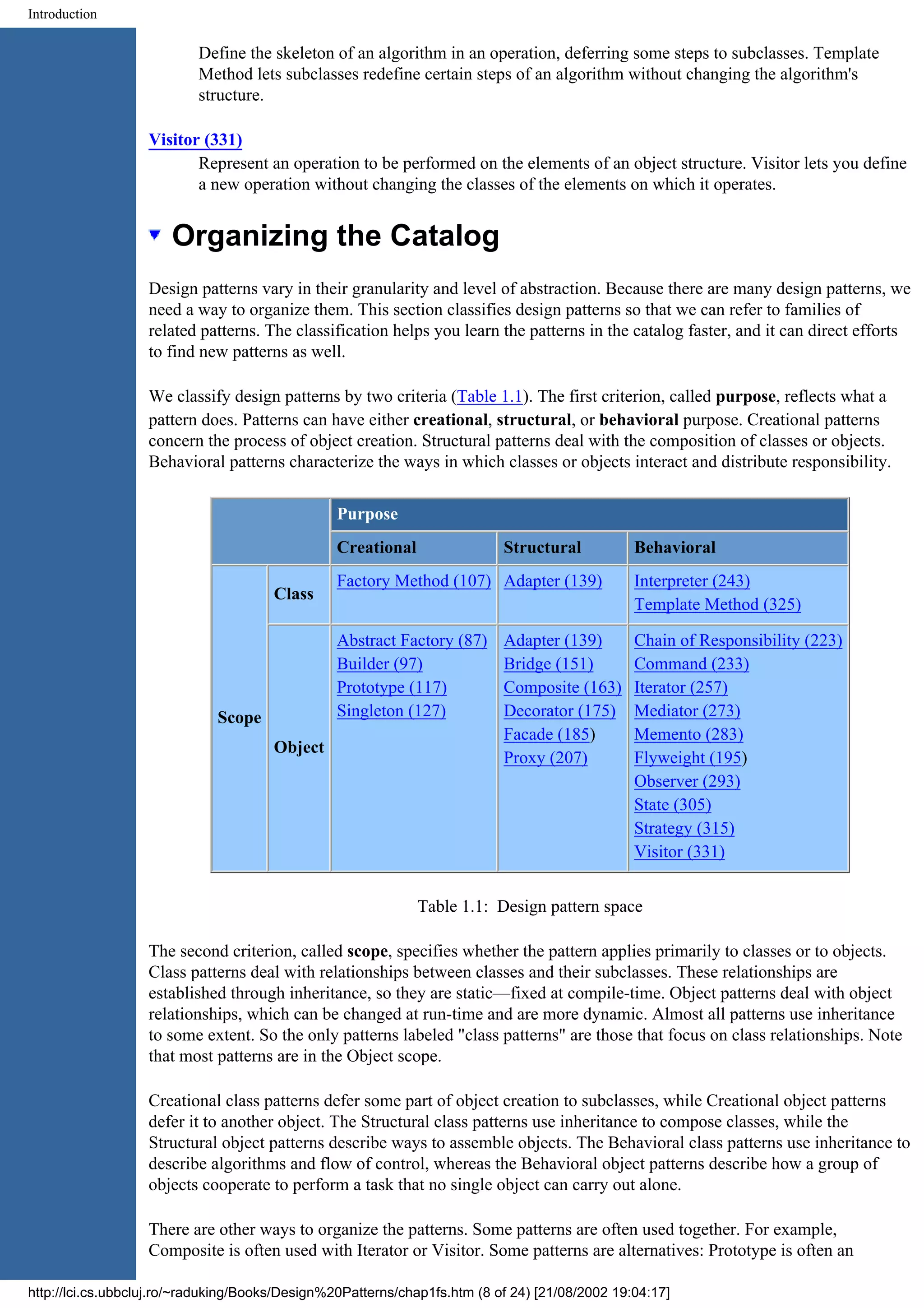 Introduction Define the skeleton of an algorithm in an operation, deferring some steps to subclasses. Template Method lets subclasses redefine certain steps of an algorithm without changing the algorithm's structure. Visitor (331) Represent an operation to be performed on the elements of an object structure. Visitor lets you define a new operation without changing the classes of the elements on which it operates. Organizing the Catalog Design patterns vary in their granularity and level of abstraction. Because there are many design patterns, we need a way to organize them. This section classifies design patterns so that we can refer to families of related patterns. The classification helps you learn the patterns in the catalog faster, and it can direct efforts to find new patterns as well. We classify design patterns by two criteria (Table 1.1). The first criterion, called purpose, reflects what a pattern does. Patterns can have either creational, structural, or behavioral purpose. Creational patterns concern the process of object creation. Structural patterns deal with the composition of classes or objects. Behavioral patterns characterize the ways in which classes or objects interact and distribute responsibility. Purpose Creational Structural Behavioral Factory Method (107) Adapter (139) Interpreter (243) Class Template Method (325) Abstract Factory (87) Adapter (139) Chain of Responsibility (223) Builder (97) Bridge (151) Command (233) Prototype (117) Composite (163) Iterator (257) Scope Singleton (127) Decorator (175) Mediator (273) Facade (185) Memento (283) Object Proxy (207) Flyweight (195) Observer (293) State (305) Strategy (315) Visitor (331) Table 1.1: Design pattern space The second criterion, called scope, specifies whether the pattern applies primarily to classes or to objects. Class patterns deal with relationships between classes and their subclasses. These relationships are established through inheritance, so they are static—fixed at compile-time. Object patterns deal with object relationships, which can be changed at run-time and are more dynamic. Almost all patterns use inheritance to some extent. So the only patterns labeled "class patterns" are those that focus on class relationships. Note that most patterns are in the Object scope. Creational class patterns defer some part of object creation to subclasses, while Creational object patterns defer it to another object. The Structural class patterns use inheritance to compose classes, while the Structural object patterns describe ways to assemble objects. The Behavioral class patterns use inheritance to describe algorithms and flow of control, whereas the Behavioral object patterns describe how a group of objects cooperate to perform a task that no single object can carry out alone. There are other ways to organize the patterns. Some patterns are often used together. For example, Composite is often used with Iterator or Visitor. Some patterns are alternatives: Prototype is often an http://lci.cs.ubbcluj.ro/~raduking/Books/Design%20Patterns/chap1fs.htm (8 of 24) [21/08/2002 19:04:17] 