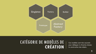 CATÉGORIE DE MODÈLES DE
CRÉATION
Ces modèles sont très courants
pour déléguer à d'autres classes
la construction des objets.
9
FactorySingleton
Prototype
Abstract
Factory
Builder
 