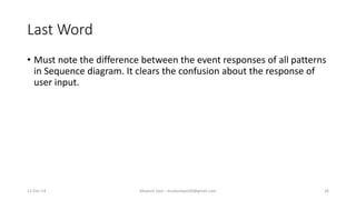 Last Word
• Must note the difference between the event responses of all patterns
in Sequence diagram. It clears the confusion about the response of
user input.
Mudasir Qazi - mudasirqazi00@gmail.com 2611-Dec-14
 
