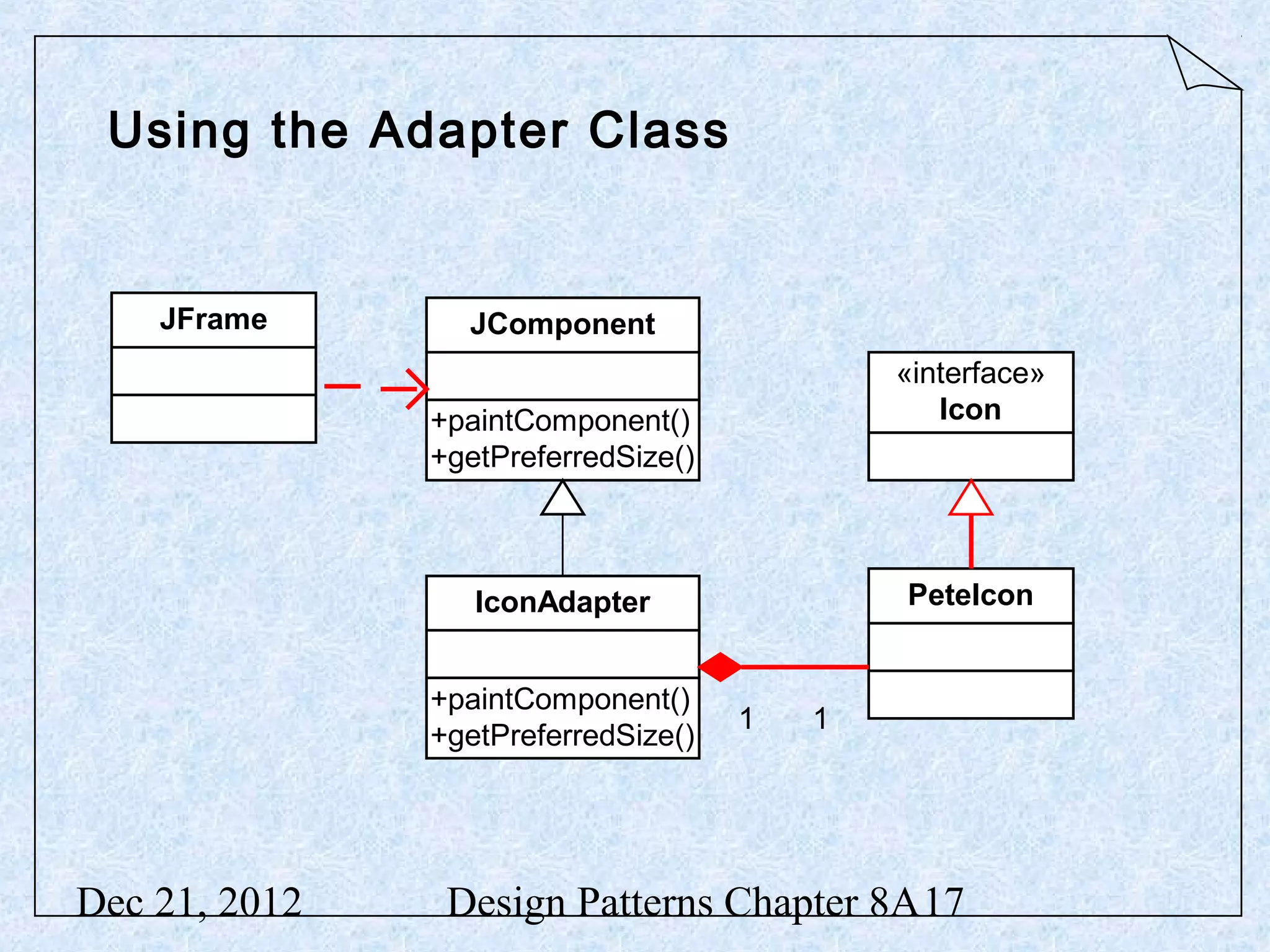 Using the Adapter Class JFrame JComponent «interface» +paintComponent() Icon +getPreferredSize() IconAdapter PeteIcon +paintComponent() 1 1 +getPreferredSize() Dec 21, 2012 Design Patterns Chapter 8A17 