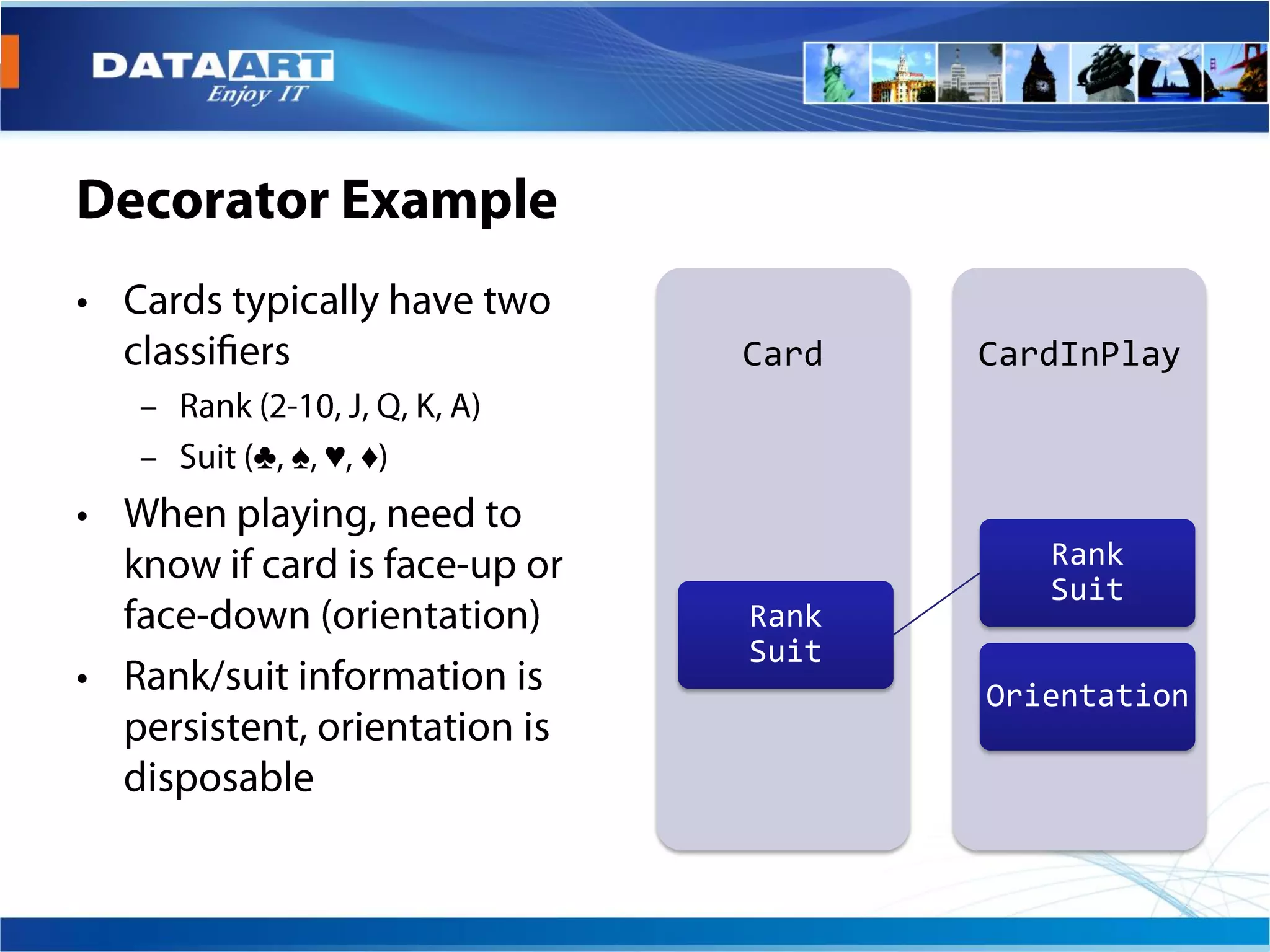 Card   CardInPlay

♣ ♠ ♥ ♦

                    Rank
                    Suit
          Rank
          Suit
                 Orientation
 