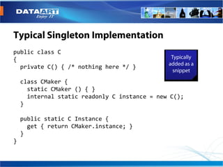 public class C
{
  private C() { /* nothing here */ }

    class CMaker {
      static CMaker () { }
      internal static readonly C instance = new C();
    }

    public static C Instance {
      get { return CMaker.instance; }
    }
}
 