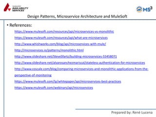 Design Patterns, Microservice Architecture and MuleSoft
Prepared by: René Lucena
• References:
https://www.mulesoft.com/resources/api/microservices-vs-monolithic
https://www.mulesoft.com/resources/api/what-are-microservices
http://www.whishworks.com/blog/api/microservices-with-mule/
http://microservices.io/patterns/monolithic.html
http://www.slideshare.net/SteveSfartz/building-microservices-55458071
http://www.slideshare.net/alvarosanchezmariscal/stateless-authentication-for-microservices
http://www.coscale.com/blog/comparing-microservices-and-monolithic-applications-from-the-
perspective-of-monitoring
https://www.mulesoft.com/lp/whitepaper/api/microservices-best-practices
https://www.mulesoft.com/webinars/api/microservices
 