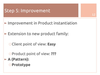 12
Step 5: Improvement
► Improvement in Product instantiation
► Extension to new product family:
○Client point of view: Easy
○Product point of view: ???
► A (Pattern):
○Prototype
 