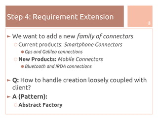 8
Step 4: Requirement Extension
► We want to add a new family of connectors
○ Current products: Smartphone Connectors
● Gps and Galileo connections
○ New Products: Mobile Connectors
● Bluetooth and IRDA connections
► Q: How to handle creation loosely coupled with
client?
► A (Pattern):
○ Abstract Factory
 