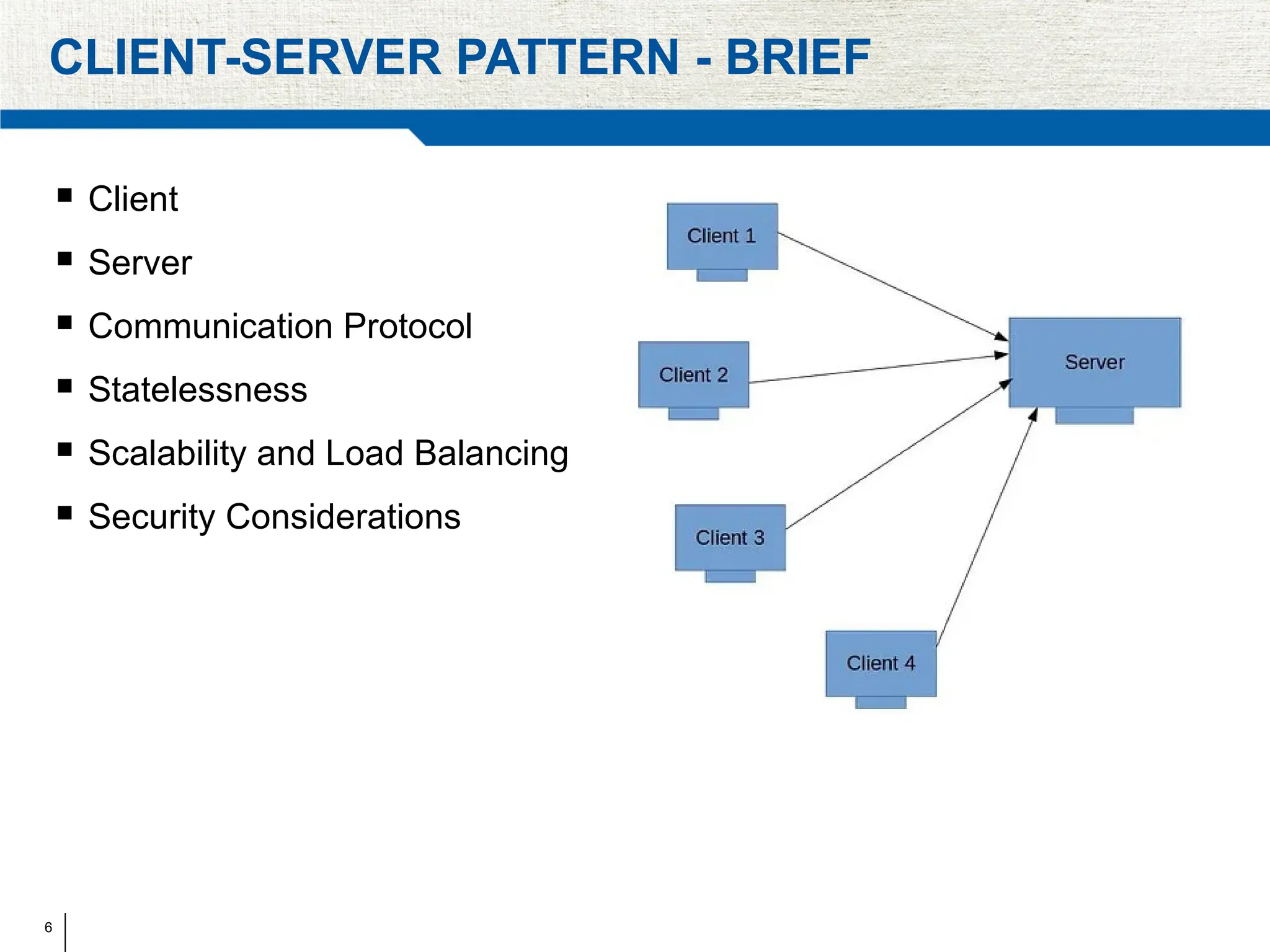 6
CLIENT-SERVER PATTERN - BRIEF
 Client
 Server
 Communication Protocol
 Statelessness
 Scalability and Load Balancing
 Security Considerations
 