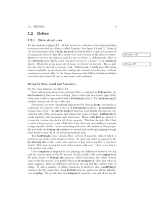 3.2. BEFORE 9
3.2 Before
3.2.1 Data structures
All the students taking CPS 108 had access to a selection of fundamental data
structures provided by a library called Tapestry. See gure 3.1 and 1 . Many of
the data structures have a MakeIterator methodwhich creates an instance of
a companion iterator class that passes over each element of the data structure. zIterator, 257
Whatever receives the iterator must be sure to delete it. Additionally, there is
an IterProxy class which stores and gives access to a pointer to an Iterator
object. When the proxy goes out of scope, it deletes its iterator. This is just zProxy, 207
an easy way to prevent a memory leak. Additionally, a fairly powerful string
class is available, as are classes for reading the contents of a directory without
resorting to system calls. In the design diagrams that follow, fundamental data
structures have been left out to save space and confusion.
Design by Boar, Land and Associates
For the class diagram, see gure 3.2.
State information about non-container les is contained in FSItemInfo. Its
GetContents function does nothing. Since a directory is a special type of le,
a directory could be represented witha FSItemInfo object. The IsDirectory
method returns true if this is the case.
Directories are more completely represented by class DirInfo. Internally, it
represents its contents with a vector of FSItemInfo pointers. GetContents
returns this vector. The GetFileInfo function sequentially searches its con-
tents for a le of the given name and returns the pointer it nds. GetDirInfo
works similarly, but examines only directories. When a DirInfo is created, it
recursively creates objects for all of its contents. This has the side e ect that
it takes a long time to create a DirInfo if the directory tree within it contains
a large number of les. As an interesting side note, the writers of this project
did not make the FSItemInfo destructor virtual and ended up jumpingthrough
some hoops to get rid of the resulting memory leak.
The SortFacade class contains three vectors of pointers, each of which is
sorted in one of the three required orders. As each sort order is requested, the
SortFacade lls in the vector once and sets a ag indicating that it has been
sorted. That way, sorting for each order is done only once. There is no way to
add another sort order.
Class Comparer is responsbile for printing out di erences between the log
and the current state of the le system. It has a hash table called myMap from
le path names to FSItemInfo pointers, which represents the entire current
state of the le system. The public function PrintReport does just what its
name suggests: print all di erences betweeen the log and the current state of
things. It calls a number of private functions to facilitate this. LoadMyMap
traverses the le system tree using DirInfo objects, and stores all the informa-
tion in myMap. The private function Compare reads the contents of the log le
 
