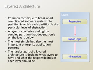 Layered Architecture
• Common technique to break apart
complicated software system into
partition in which each partition is at a
particular level of abstraction
• A layer is a cohesive and tightly
coupled partition that depends only
on the layers below
• The most simple but also the most
important enterprise application
patterns
• The hardest part of a layered
architecture is deciding what layers to
have and what the responsibilities of
each layer should be
Presentation
Infrastructure
Layers
Domain Logic
 