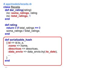 # app/models/receita.rb
class Receita
def dar_rating(rating)
inc :soma_ratings, rating
inc :total_ratings, 1
end
def rating
return 0 if total_ratings == 0
soma_ratings / total_ratings
end
def serializable_hash
{:id => id.to_s,
:nome => nome,
:descricao => descricao,
:data_envio => data_envio.try(:to_date),
...
}
end
...

 