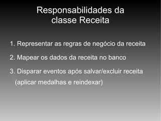 Responsabilidades da
classe Receita
1. Representar as regras de negócio da receita
2. Mapear os dados da receita no banco
3. Disparar eventos após salvar/excluir receita
(aplicar medalhas e reindexar)

 