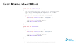 Event Source (NEventStore)
See also https://github.com/liquidprojections/LiquidProjections/blob/master/Samples/ExampleHost/CountsProjector.cs#L17
 