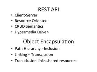 REST 
API 
• Client-­‐Server 
• Resource 
Oriented 
• CRUD 
Seman?cs 
• Hypermedia 
Driven 
Object 
Encapsula?on 
• Path 
Hierarchy 
-­‐ 
Inclusion 
• Linking 
– 
Transclusion 
• Transclusion 
links 
shared 
resources 
 
