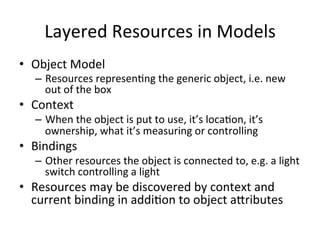 Layered 
Resources 
in 
Models 
• Object 
Model 
– Resources 
represen?ng 
the 
generic 
object, 
i.e. 
new 
out 
of 
the 
box 
• Context 
– When 
the 
object 
is 
put 
to 
use, 
it’s 
loca?on, 
it’s 
ownership, 
what 
it’s 
measuring 
or 
controlling 
• Bindings 
– Other 
resources 
the 
object 
is 
connected 
to, 
e.g. 
a 
light 
switch 
controlling 
a 
light 
• Resources 
may 
be 
discovered 
by 
context 
and 
current 
binding 
in 
addi?on 
to 
object 
a*ributes 
 