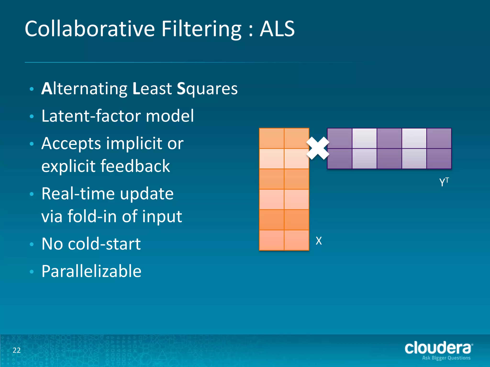Collaborative Filtering : ALS • • • • • • 22 Alternating Least Squares Latent-factor model Accepts implicit or explicit feedback Real-time update via fold-in of input No cold-start Parallelizable YT X 