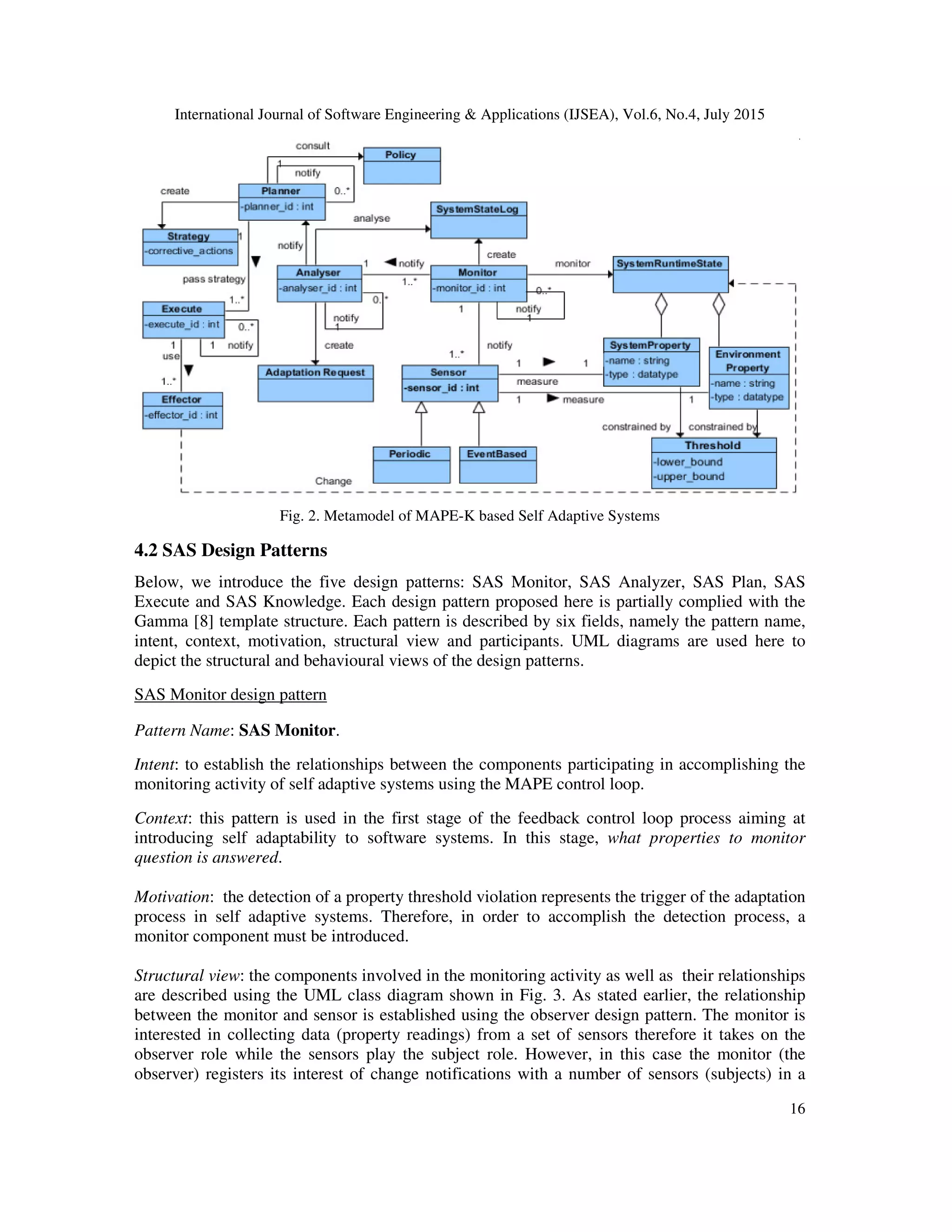 International Journal of Software Engineering & Applications (IJSEA), Vol.6, No.4, July 2015
16
Fig. 2. Metamodel of MAPE-K based Self Adaptive Systems
4.2 SAS Design Patterns
Below, we introduce the five design patterns: SAS Monitor, SAS Analyzer, SAS Plan, SAS
Execute and SAS Knowledge. Each design pattern proposed here is partially complied with the
Gamma [8] template structure. Each pattern is described by six fields, namely the pattern name,
intent, context, motivation, structural view and participants. UML diagrams are used here to
depict the structural and behavioural views of the design patterns.
SAS Monitor design pattern
Pattern Name: SAS Monitor.
Intent: to establish the relationships between the components participating in accomplishing the
monitoring activity of self adaptive systems using the MAPE control loop.
Context: this pattern is used in the first stage of the feedback control loop process aiming at
introducing self adaptability to software systems. In this stage, what properties to monitor
question is answered.
Motivation: the detection of a property threshold violation represents the trigger of the adaptation
process in self adaptive systems. Therefore, in order to accomplish the detection process, a
monitor component must be introduced.
Structural view: the components involved in the monitoring activity as well as their relationships
are described using the UML class diagram shown in Fig. 3. As stated earlier, the relationship
between the monitor and sensor is established using the observer design pattern. The monitor is
interested in collecting data (property readings) from a set of sensors therefore it takes on the
observer role while the sensors play the subject role. However, in this case the monitor (the
observer) registers its interest of change notifications with a number of sensors (subjects) in a
 