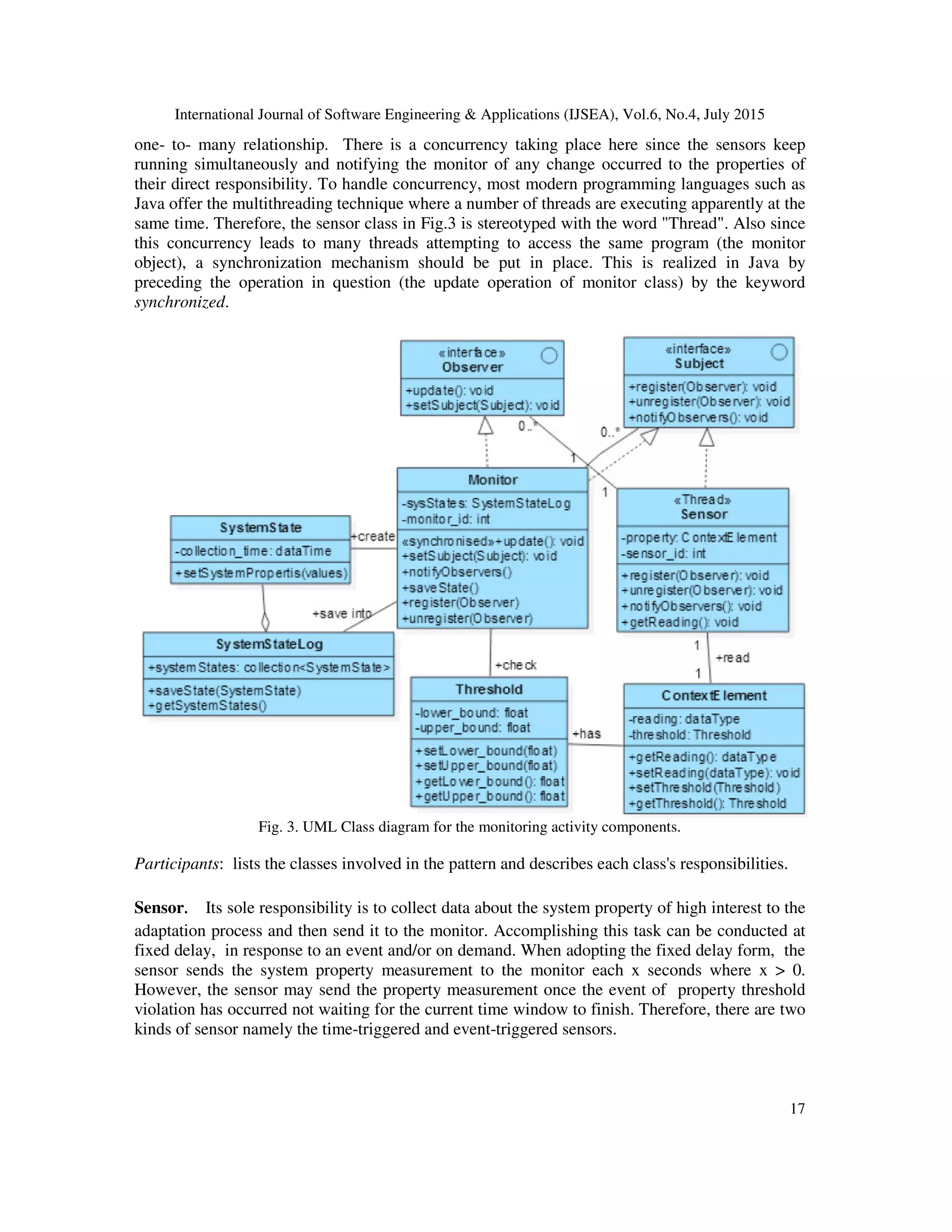 International Journal of Software Engineering & Applications (IJSEA), Vol.6, No.4, July 2015
17
one- to- many relationship. There is a concurrency taking place here since the sensors keep
running simultaneously and notifying the monitor of any change occurred to the properties of
their direct responsibility. To handle concurrency, most modern programming languages such as
Java offer the multithreading technique where a number of threads are executing apparently at the
same time. Therefore, the sensor class in Fig.3 is stereotyped with the word "Thread". Also since
this concurrency leads to many threads attempting to access the same program (the monitor
object), a synchronization mechanism should be put in place. This is realized in Java by
preceding the operation in question (the update operation of monitor class) by the keyword
synchronized.
Fig. 3. UML Class diagram for the monitoring activity components.
Participants: lists the classes involved in the pattern and describes each class's responsibilities.
Sensor. Its sole responsibility is to collect data about the system property of high interest to the
adaptation process and then send it to the monitor. Accomplishing this task can be conducted at
fixed delay, in response to an event and/or on demand. When adopting the fixed delay form, the
sensor sends the system property measurement to the monitor each x seconds where x > 0.
However, the sensor may send the property measurement once the event of property threshold
violation has occurred not waiting for the current time window to finish. Therefore, there are two
kinds of sensor namely the time-triggered and event-triggered sensors.
 