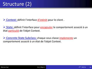 Structure (2)
16
 Context: définit l’interface d’intérét pour le client .
 State: définit l’interface pour encapsuler le comportement associé à un
état particulié de l’objet Context.
 Concrete State Subclass: chaque sous classe implemente un
comportement associé à un état de l’objet Context.
Meriem Sari GL à Objet 2 2eme AM GL
 