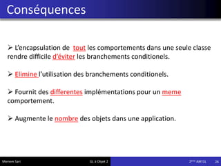 Conséquences
26Meriem Sari GL à Objet 2 2eme AM GL
 L’encapsulation de tout les comportements dans une seule classe
rendre difficile d’éviter les branchements conditionels.
 Elimine l’utilisation des branchements conditionels.
 Fournit des differentes implémentations pour un meme
comportement.
 Augmente le nombre des objets dans une application.
 