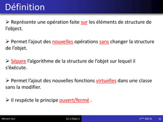 Définition
31Meriem Sari GL à Objet 2 2eme AM GL
 Représente une opération faite sur les éléments de structure de
l’object.
 Permet l’ajout des nouvelles opérations sans changer la structure
de l’objet.
 Sépare l’algorithme de la structure de l’objet sur lequel il
s’éxécute.
 Permet l’ajout des nouvelles fonctions virtuelles dans une classe
sans la modifier.
 Il respécte le principe ouvert/fermé .
 