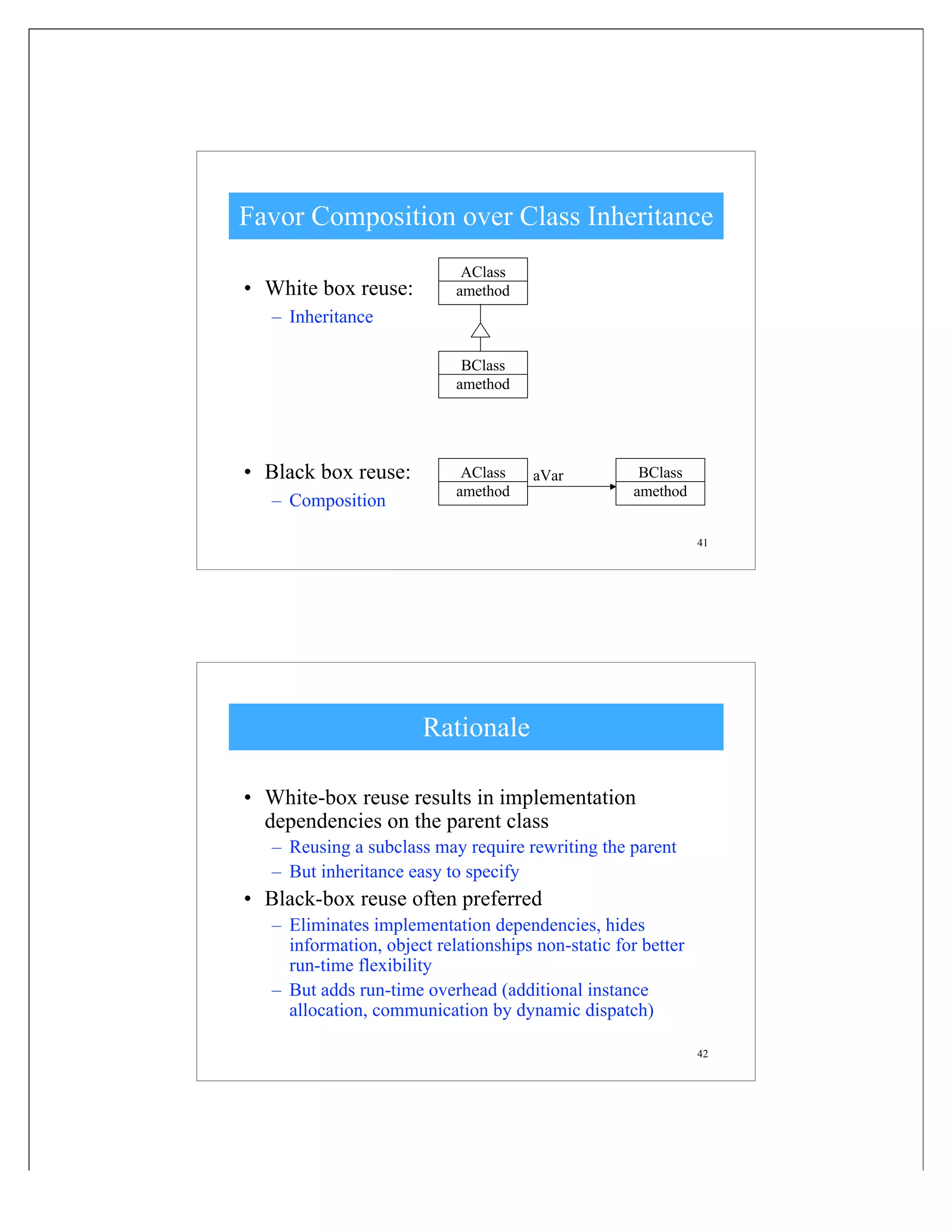 41
Favor Composition over Class Inheritance
• White box reuse:
– Inheritance
• Black box reuse:
– Composition
AClass
amethod
BClass
amethod
BClass
amethod
AClass
amethod
aVar
42
Rationale
• White-box reuse results in implementation
dependencies on the parent class
– Reusing a subclass may require rewriting the parent
– But inheritance easy to specify
• Black-box reuse often preferred
– Eliminates implementation dependencies, hides
information, object relationships non-static for better
run-time flexibility
– But adds run-time overhead (additional instance
allocation, communication by dynamic dispatch)
 
