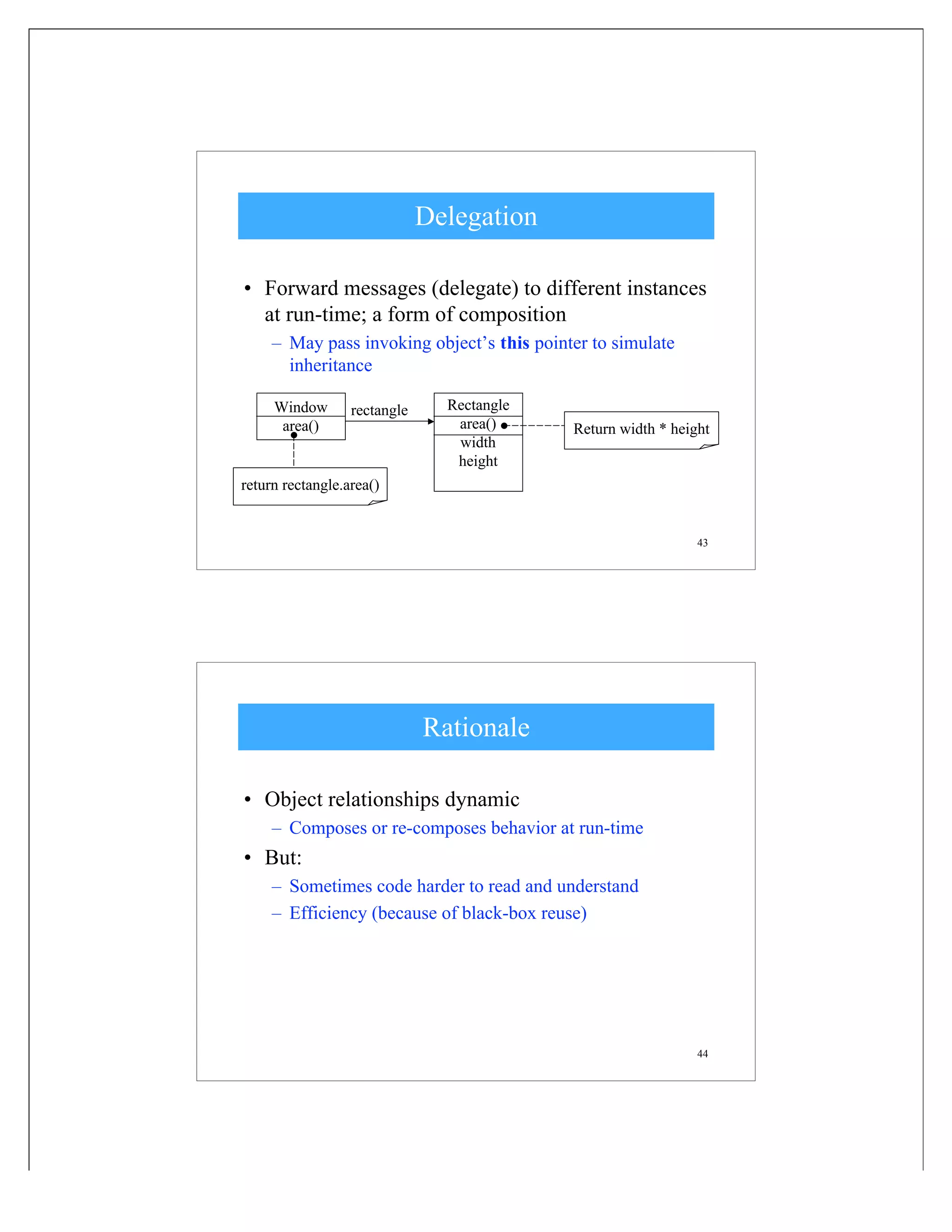 43
Delegation
• Forward messages (delegate) to different instances
at run-time; a form of composition
– May pass invoking object’s this pointer to simulate
inheritance
Rectangle
area()
width
height
Window
area()
rectangle
Return width * height
return rectangle.area()
44
Rationale
• Object relationships dynamic
– Composes or re-composes behavior at run-time
• But:
– Sometimes code harder to read and understand
– Efficiency (because of black-box reuse)
 