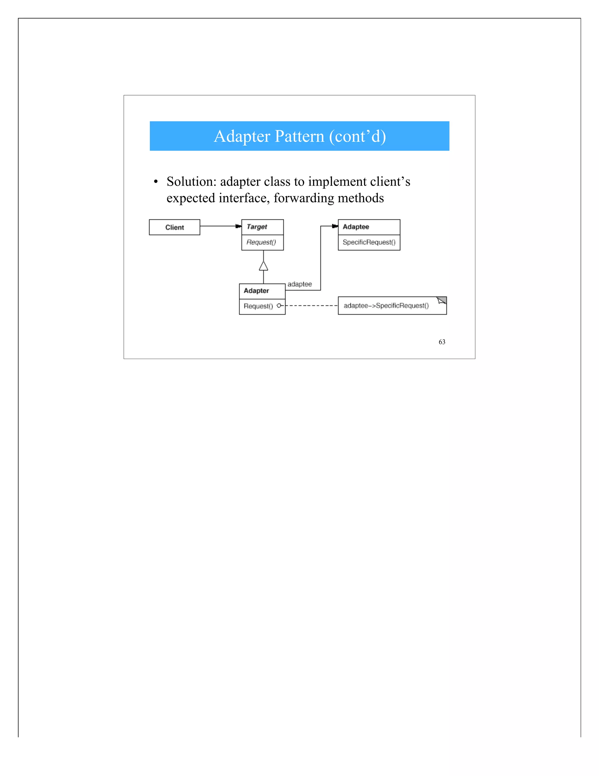 63
Adapter Pattern (cont’d)
• Solution: adapter class to implement client’s
expected interface, forwarding methods
 