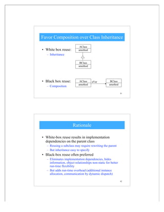 41
Favor Composition over Class Inheritance
• White box reuse:
– Inheritance
• Black box reuse:
– Composition
AClass
amethod
BClass
amethod
BClass
amethod
AClass
amethod
aVar
42
Rationale
• White-box reuse results in implementation
dependencies on the parent class
– Reusing a subclass may require rewriting the parent
– But inheritance easy to specify
• Black-box reuse often preferred
– Eliminates implementation dependencies, hides
information, object relationships non-static for better
run-time flexibility
– But adds run-time overhead (additional instance
allocation, communication by dynamic dispatch)
 