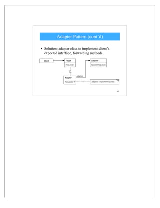 63
Adapter Pattern (cont’d)
• Solution: adapter class to implement client’s
expected interface, forwarding methods
 