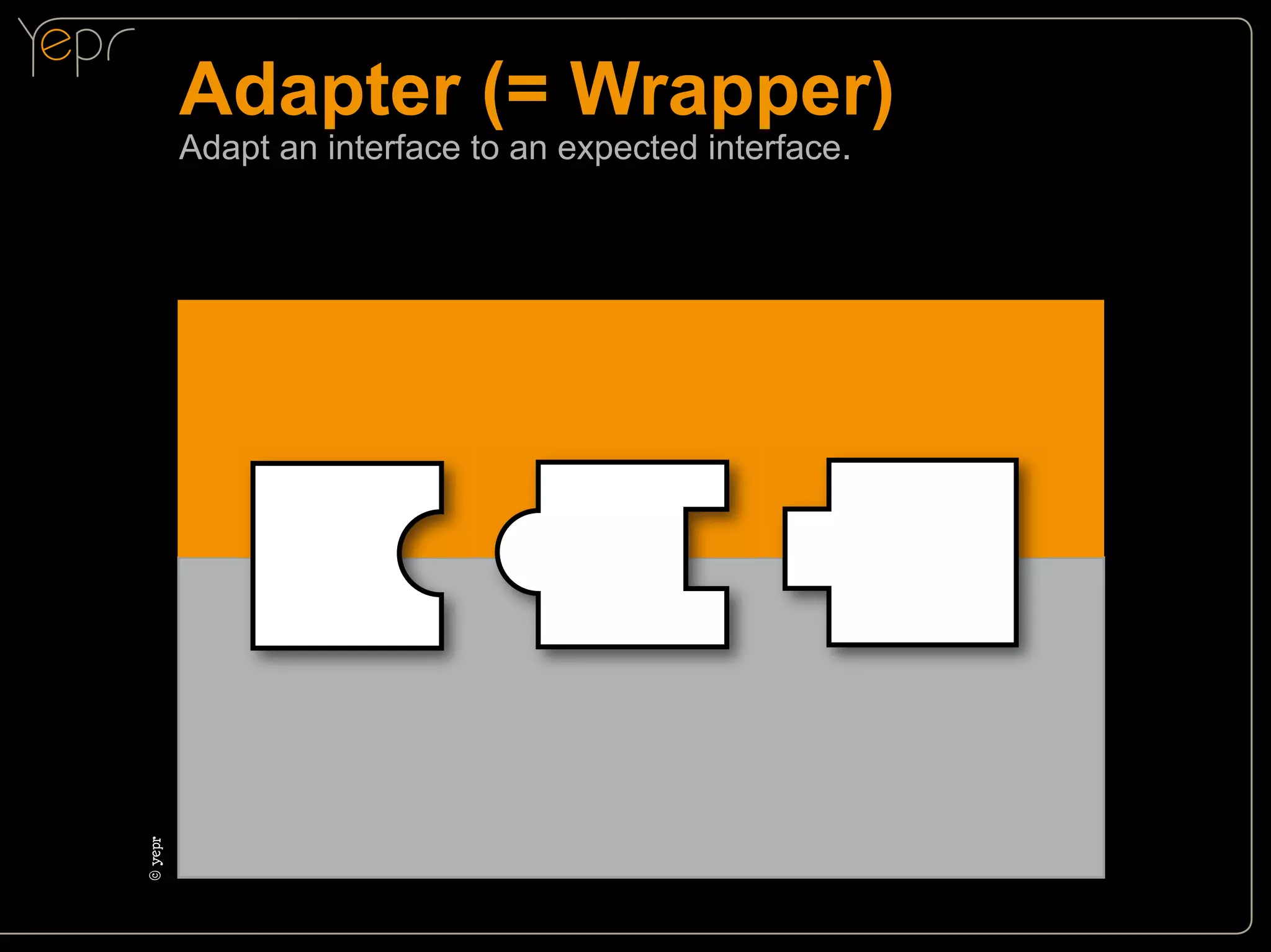 Adapter (= Wrapper)

©c
yepr

Adapt an interface to an expected interface.

 