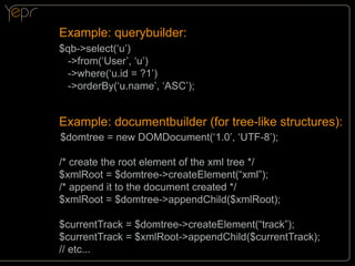 Example: querybuilder:
$qb->select(‘u’)
->from(‘User’, ‘u’)
->where(‘u.id = ?1’)
->orderBy(‘u.name’, ‘ASC’);

Example: documentbuilder (for tree-like structures):
$domtree = new DOMDocument(‘1.0’, ‘UTF-8’);

/

/* create the root element of the xml tree */
$xmlRoot = $domtree->createElement(“xml”);
/* append it to the document created */
$xmlRoot = $domtree->appendChild($xmlRoot);
$currentTrack = $domtree->createElement(“track”);
$currentTrack = $xmlRoot->appendChild($currentTrack);
// etc...

 