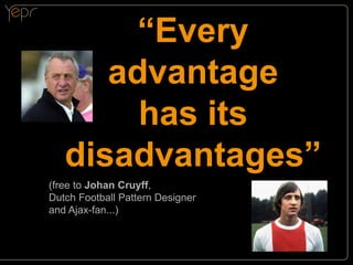 “Every
advantage
has its
disadvantages”

(free to Johan Cruyff,
Dutch Football Pattern Designer
and Ajax-fan...)

 