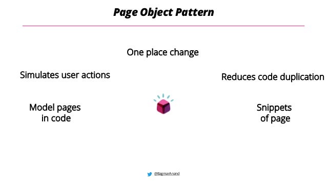 @BagmarAnand
Page Object Pattern
Model pages
in code
Simulates user actions
One place change
Reduces code duplication
Snippets
of page
 