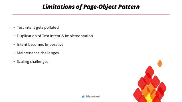 @BagmarAnand
Limitations of Page-Object Pattern
• Test intent gets polluted
• Duplication of Test intent & implementation
• Intent becomes Imperative
• Maintenance challenges
• Scaling challenges
 
