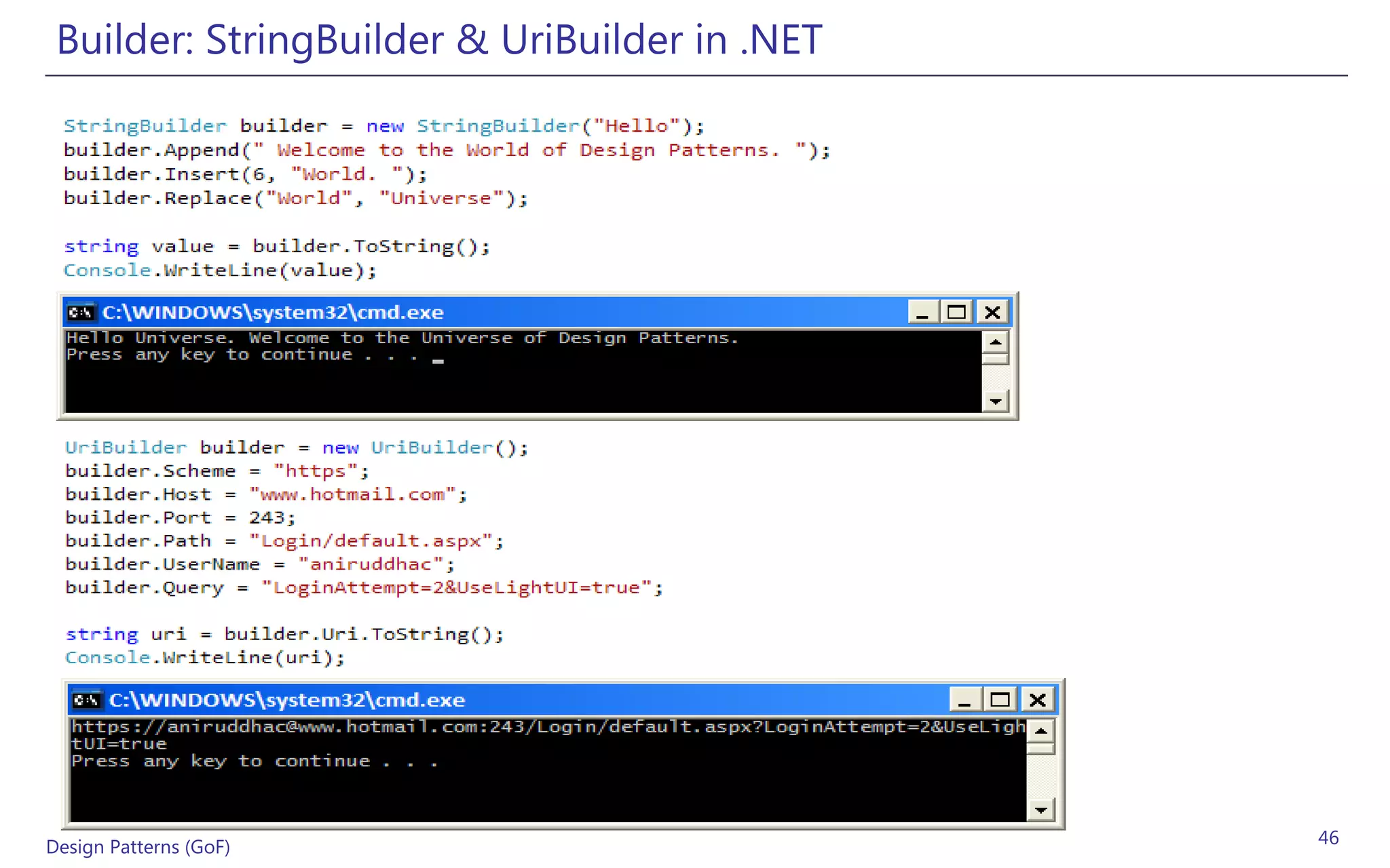 Builder: StringBuilder & UriBuilder in .NET




Design Patterns (GoF)                          46
 