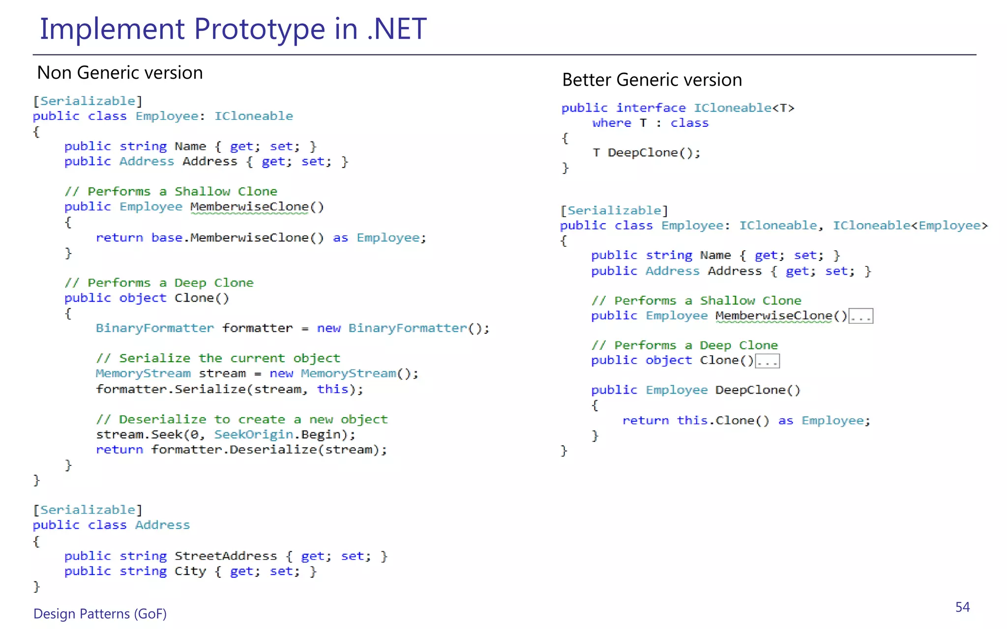 Implement Prototype in .NET
Non Generic version            Better Generic version




Design Patterns (GoF)                                   54
 