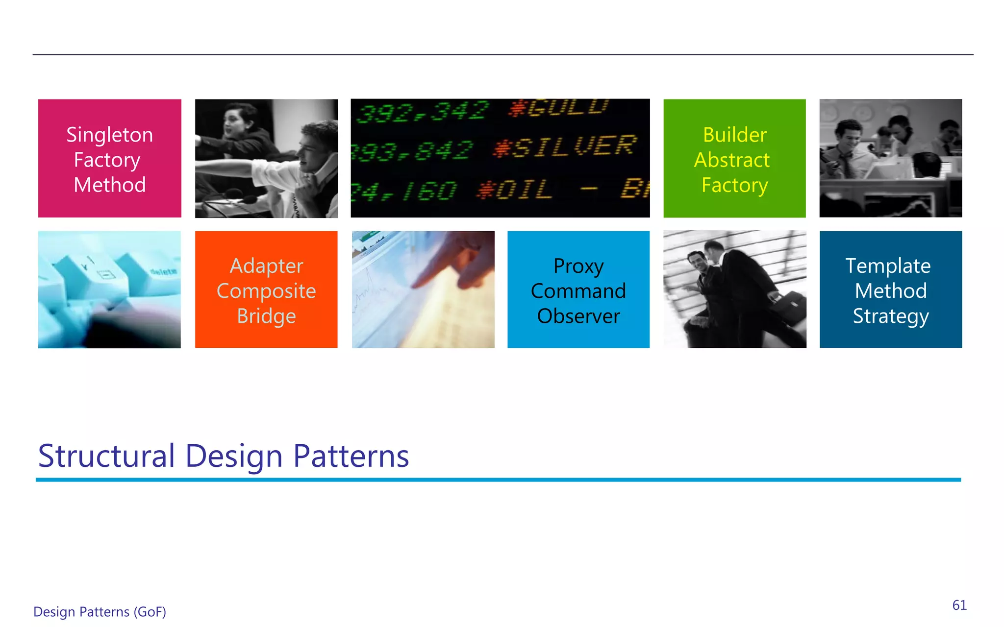 Singleton                                  Builder
      Factory                                  Abstract
      Method                                    Factory


                         Adapter      Proxy               Template
                        Composite   Command                Method
                          Bridge    Observer               Strategy




Structural Design Patterns



Design Patterns (GoF)                                                 61
 