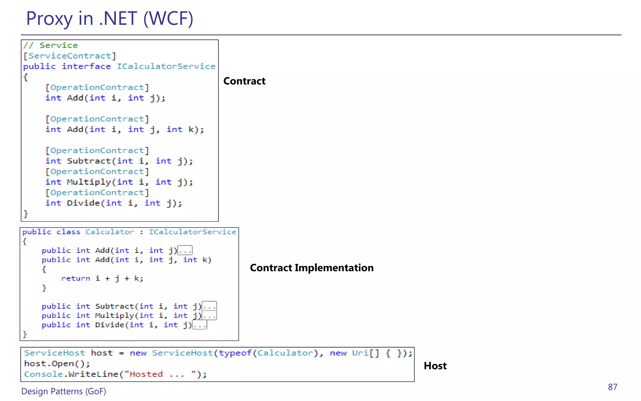 Proxy in .NET (WCF)


                        Contract




                             Contract Implementation




                                                       Host

Design Patterns (GoF)                                         87
 