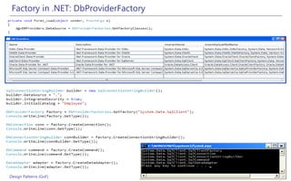 Factory in .NET: DbProviderFactory




Design Patterns (GoF)                 37
 