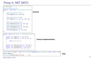 Proxy in .NET (WCF)


                        Contract




                             Contract Implementation




                                                       Host

Design Patterns (GoF)                                         87
 
