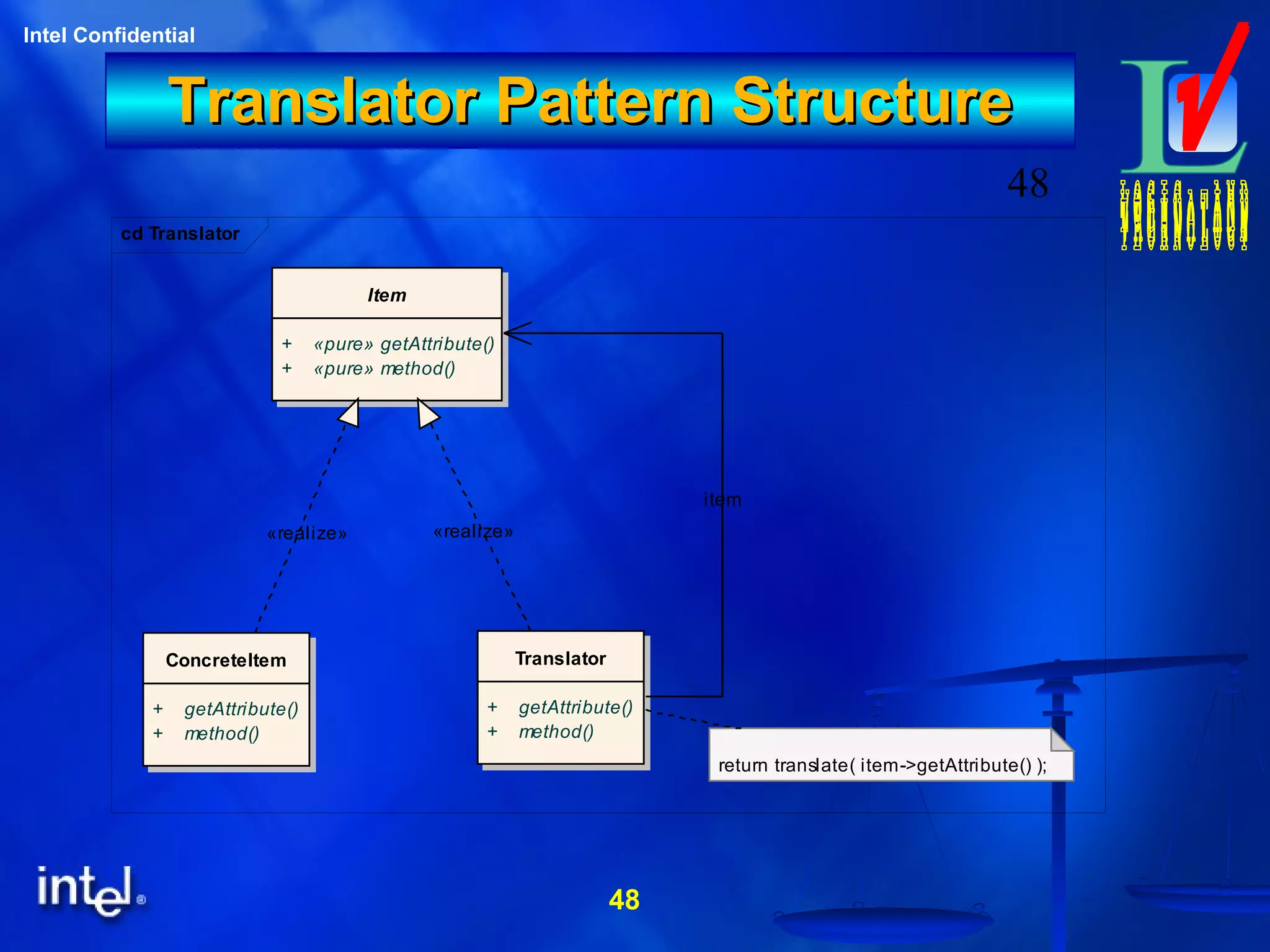 48
Intel Confidential
48
Translator Pattern StructureTranslator Pattern Structure
cd Translator
Item
+ «pure» getAttribute()
+ «pure» method()
ConcreteItem
+ getAttribute()
+ method()
Translator
+ getAttribute()
+ method()
return translate( item->getAttribute() );
item
«realize» «realize»
 