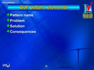 10
Intel Confidential
10
GoF pattern elementsGoF pattern elements
Pattern name
Problem
Solution
Consequences
 