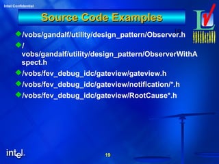 19
Intel Confidential
19
Source Code ExamplesSource Code Examples
/vobs/gandalf/utility/design_pattern/Observer.h
/
vobs/gandalf/utility/design_pattern/ObserverWithA
spect.h
/vobs/fev_debug_idc/gateview/gateview.h
/vobs/fev_debug_idc/gateview/notification/*.h
/vobs/fev_debug_idc/gateview/RootCause*.h
 