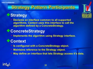 31
Intel Confidential
31
Strategy Pattern ParticipantsStrategy Pattern Participants
Strategy
 Declares an interface common to all supported
algorithms. Context uses this interface to call the
algorithm defined by a ConcreteStrategy.
ConcreteStrategy
 Implements the algorithm using Strategy interface.
Context
 Is configured with a ConcreteStrategy object.
 Maintains reference to the Strategy object.
 May define an interface that lets Strategy access it’s data.
 