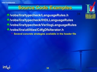 34
Intel Confidential
34
Source Code ExamplesSource Code Examples
/vobs/lira/typecheck/LanguageRules.h
/vobs/lira/typecheck/IHDLLanguageRules
/vobs/lira/typecheck/VerilogLanguageRules
/vobs/lira/utilities/CdfgDfsIterator.h
 Several concrete strategies available in the header file
 