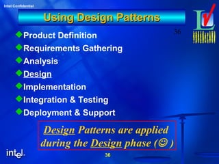 36
Intel Confidential
36
Using Design PatternsUsing Design Patterns
Product Definition
Requirements Gathering
Analysis
Design
Implementation
Integration & Testing
Deployment & Support
Design Patterns are applied
during the Design phase ( )
 