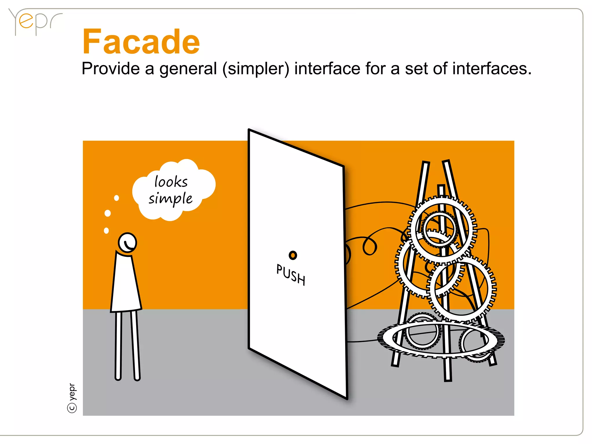 Facade
    Provide a general (simpler) interface for a set of interfaces.




              looks
             simple
c
 