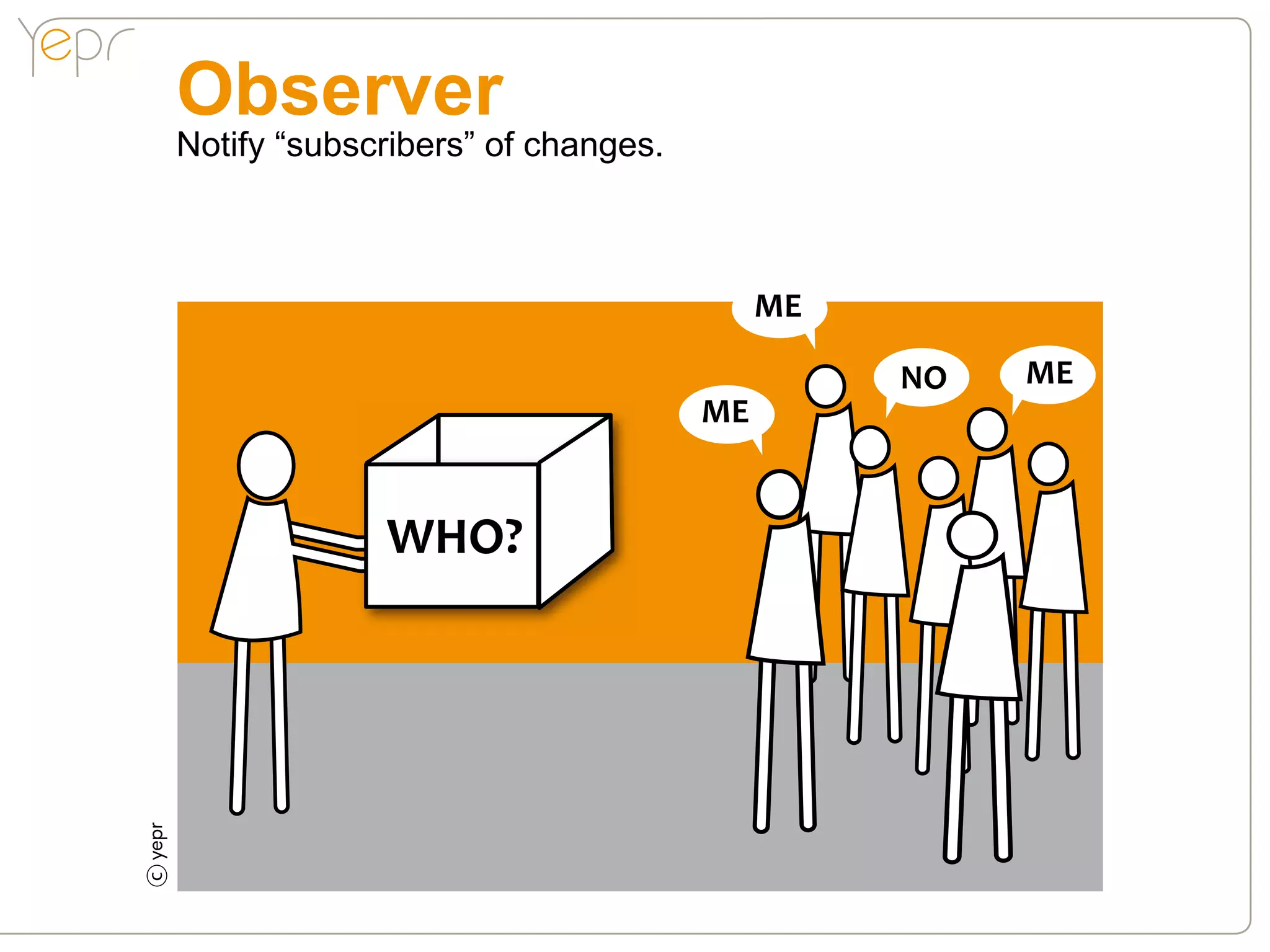 Observer
    Notify “subscribers” of changes.



                                            ME

                                                 NO   ME
                                       ME


                 WHO?
c
 