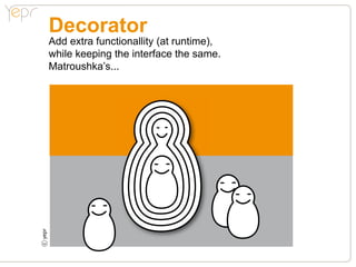Decorator
    Add extra functionallity (at runtime),
    while keeping the interface the same.
    Matroushka’s...
c
 